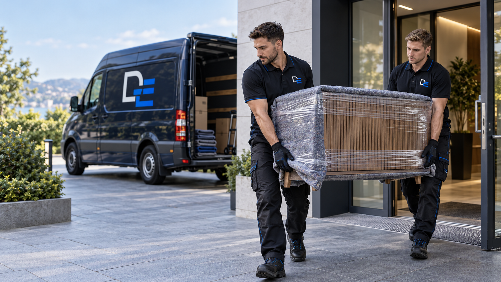 Illustratives Corporate-Motiv zweier D & E Umzugsmitarbeiter beim Möbeltransport