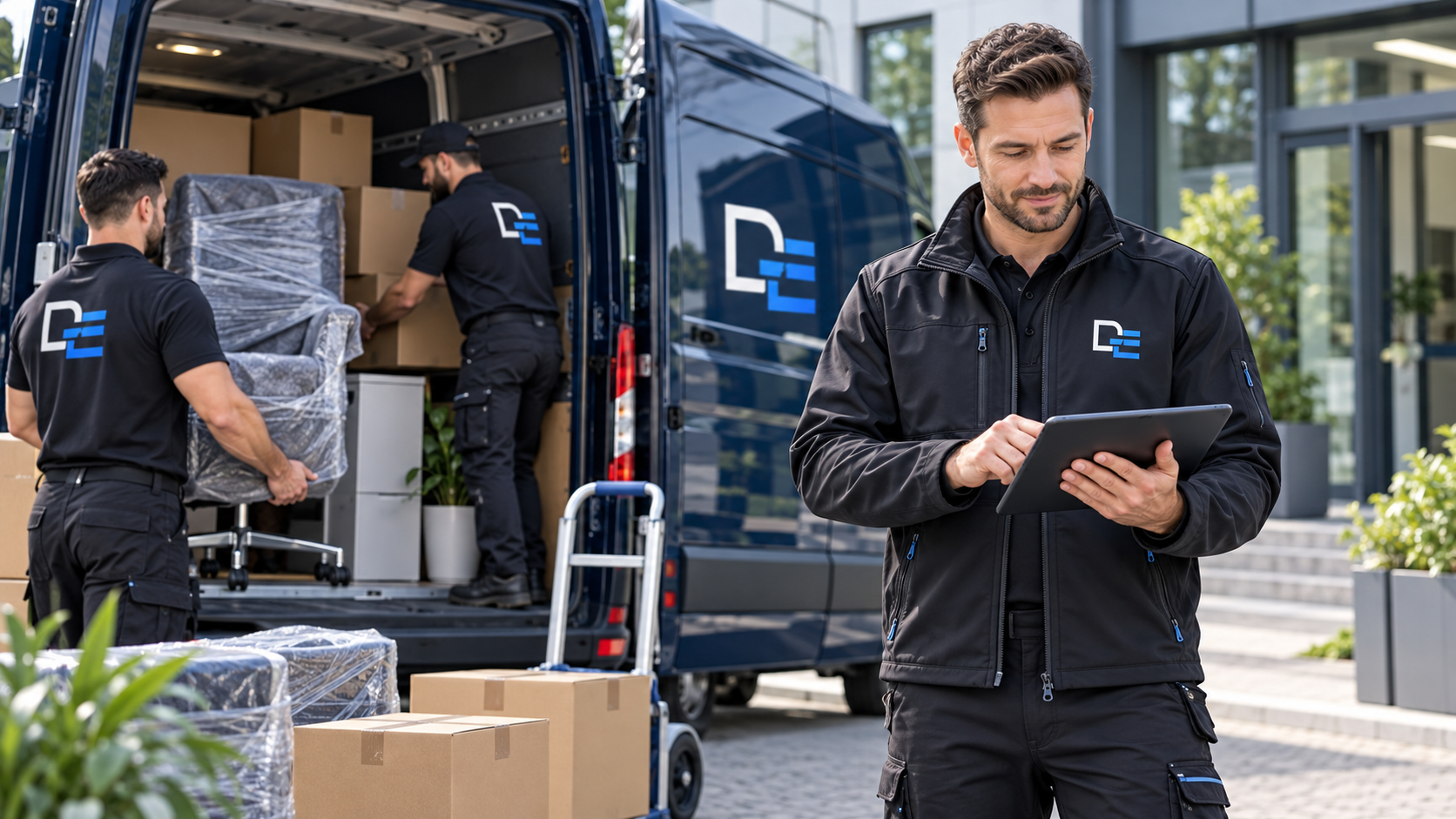 Illustrative Umzugsorganisation mit Tablet und Transporter
